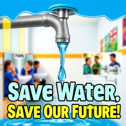 A striking graphic poster highlighting the issue of water wastage in schools