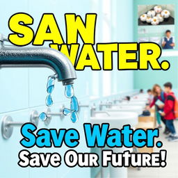 A striking graphic poster highlighting the issue of water wastage in schools