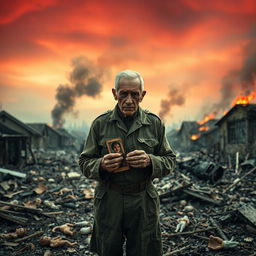 An old soldier, wearing a tattered uniform, stands in the midst of destruction, tears streaming down his face as he clutches a faded photograph of his wife in his trembling hands