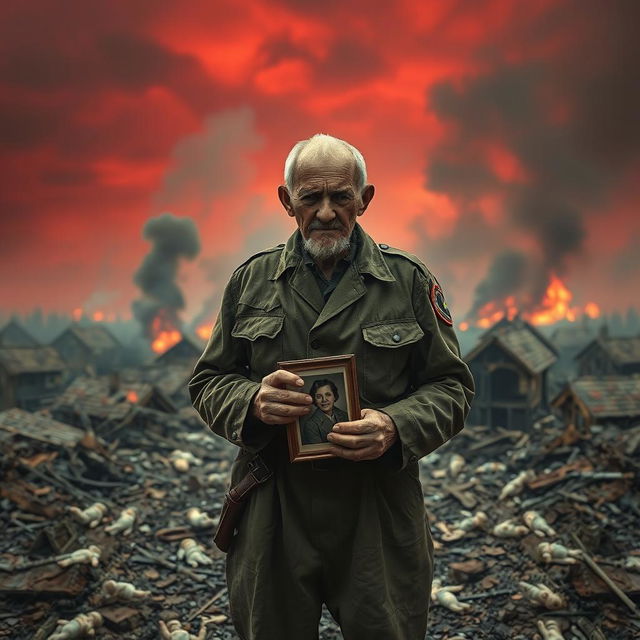 An old soldier, wearing a tattered uniform, stands in the midst of destruction, tears streaming down his face as he clutches a faded photograph of his wife in his trembling hands