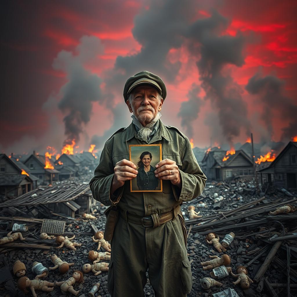 An old soldier, wearing a tattered uniform, stands in the midst of destruction, tears streaming down his face as he clutches a faded photograph of his wife in his trembling hands