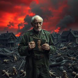 An old soldier, wearing a tattered uniform, stands in the midst of destruction, tears streaming down his face as he clutches a faded photograph of his wife in his trembling hands