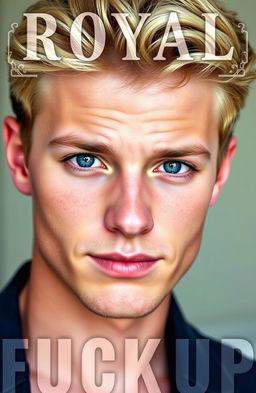 A close-up portrait of a young blonde man with striking facial features and expressive eyes, looking directly into the camera