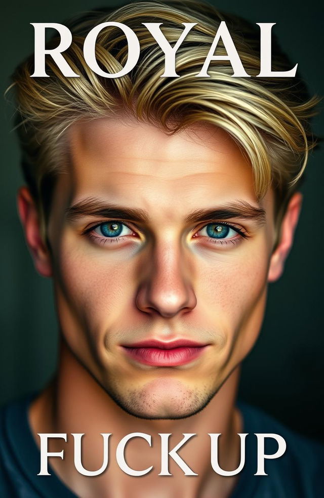 A close-up portrait of a young blonde man with striking facial features and expressive eyes, looking directly into the camera