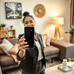 A smiling Indian Asian lady introducing a smartphone in a cozy living room setting