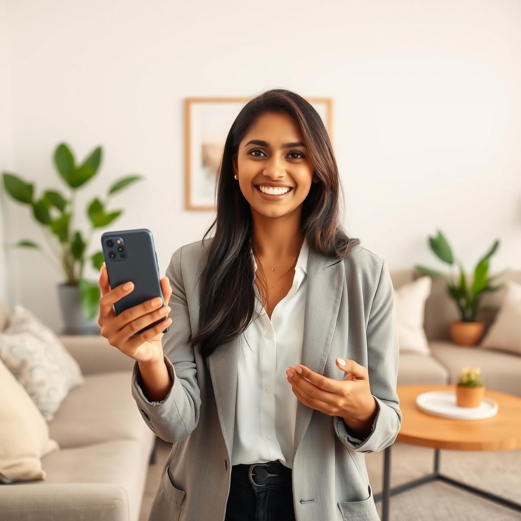 A smiling Indian Asian lady introducing a smartphone in a cozy living room setting