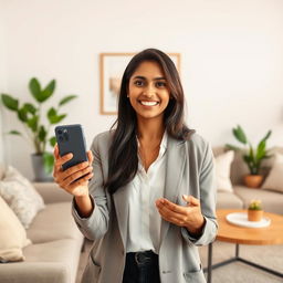 A smiling Indian Asian lady introducing a smartphone in a cozy living room setting