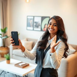 A smiling Indian Asian lady introducing a smartphone in a cozy living room setting