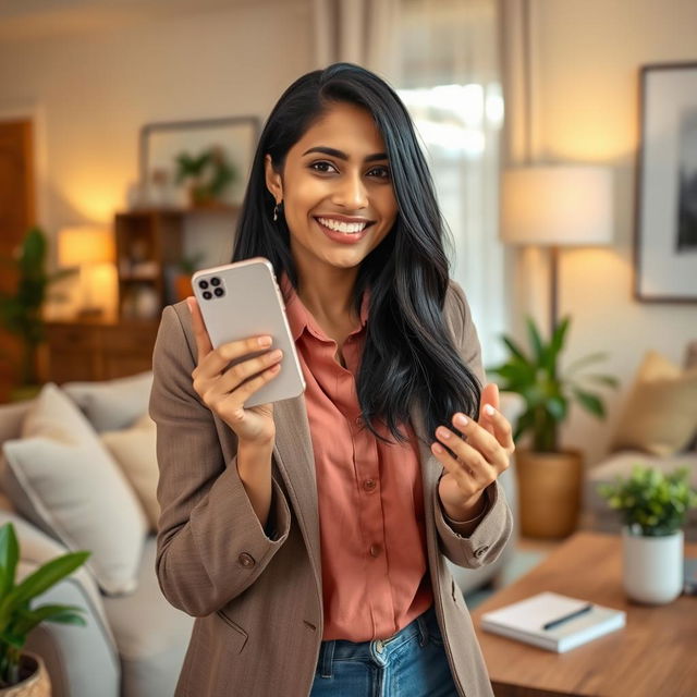 A smiling Indian Asian lady introducing a smartphone in a cozy living room setting