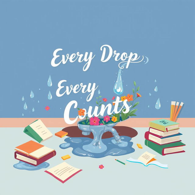 An artistic poster emphasizing the theme of water wastage in schools