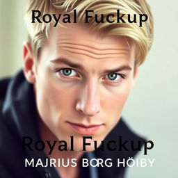 A close-up portrait of a young blonde man with striking facial features and expressive eyes, looking directly into the camera