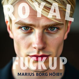 A close-up portrait of a young blonde man with striking facial features and expressive eyes, looking directly into the camera