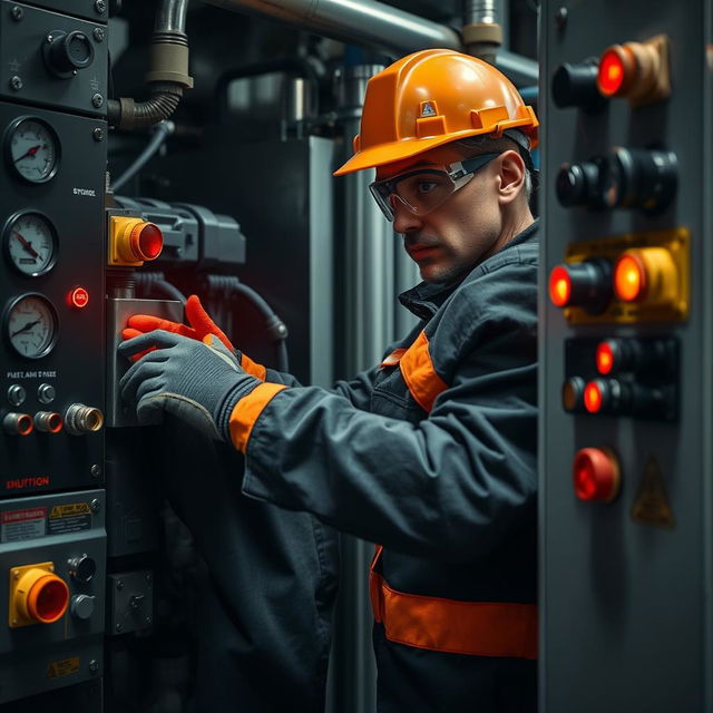 A dramatic photo of a technician actively shutting down a machine or industrial equipment