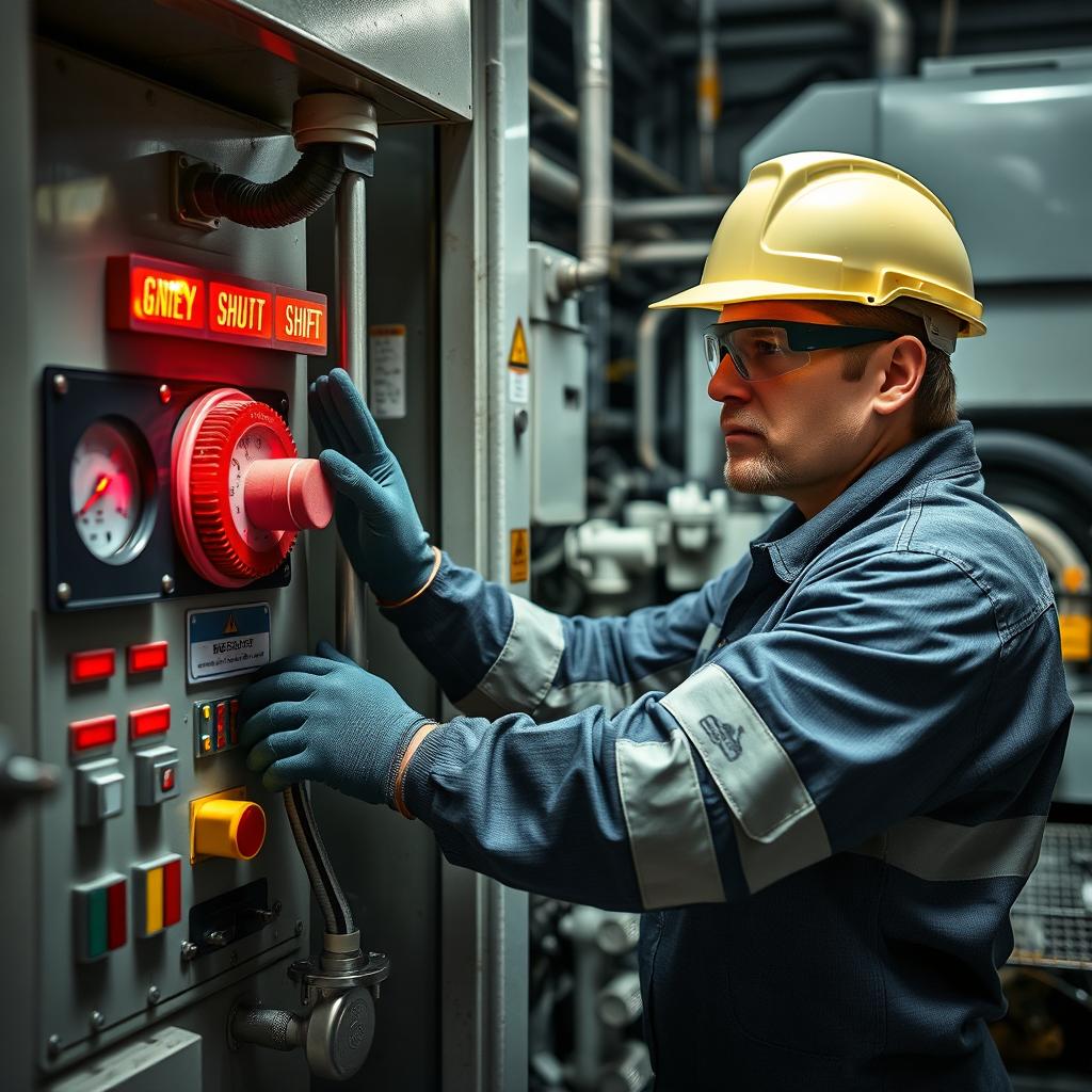 A dramatic photo of a technician actively shutting down a machine or industrial equipment