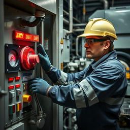 A dramatic photo of a technician actively shutting down a machine or industrial equipment