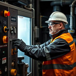 A dramatic photo of a technician actively shutting down a machine or industrial equipment