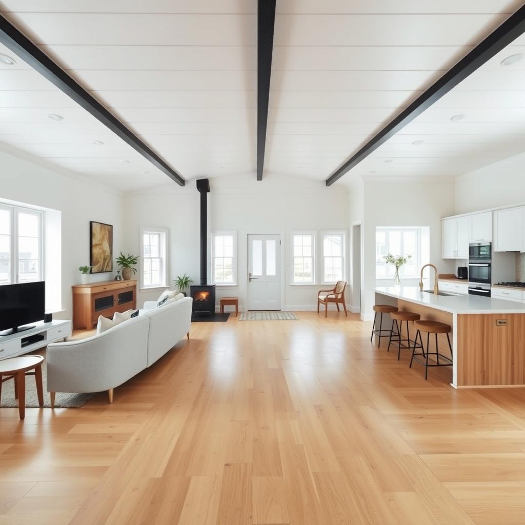 A spacious, open-concept room with a dining area to the left background, featuring a television and a cozy wood-burning stove