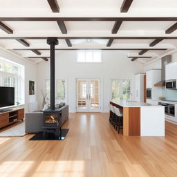 A spacious, open-concept room with a dining area to the left background, featuring a television and a cozy wood-burning stove