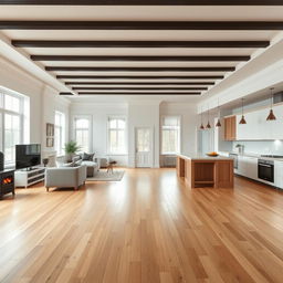 A spacious, open-concept room with a dining area to the left background, featuring a television and a cozy wood-burning stove