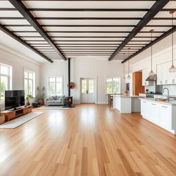 A spacious, open-concept room with a dining area to the left background, featuring a television and a cozy wood-burning stove