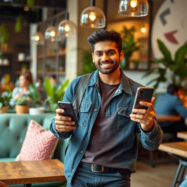 A smiling Indian Asian man introducing a smartphone at a trendy café