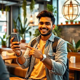 A smiling Indian Asian man introducing a smartphone at a trendy café
