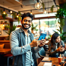 A smiling Indian Asian man introducing a smartphone at a trendy café