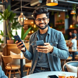 A smiling Indian Asian man introducing a smartphone at a trendy café