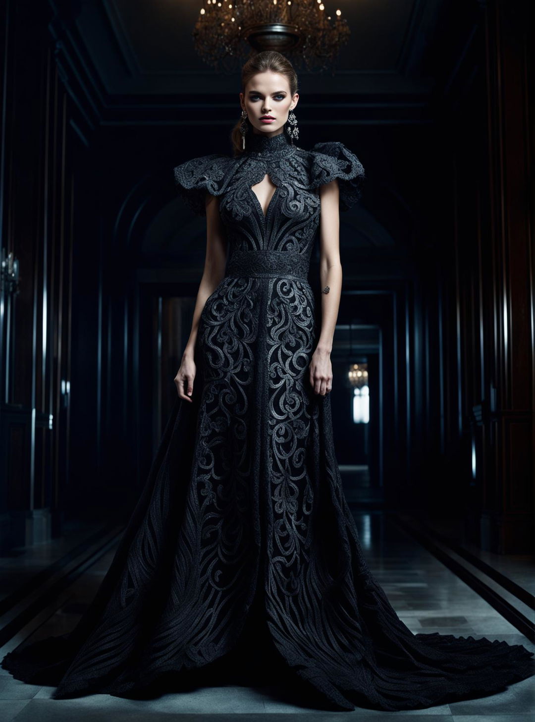 A high-definition, editorial-style photograph captures a model in a more elaborate, beautiful black dress in an opulent setting