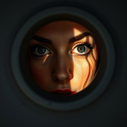 A close-up photograph of a woman peering through a door's peephole, her face filled with curiosity and intrigue