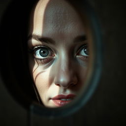 A close-up photograph of a woman peering through a door's peephole, her face filled with curiosity and intrigue