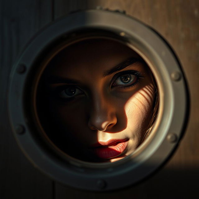 A close-up photograph of a woman peering through a door's peephole, her face filled with curiosity and intrigue