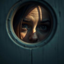 A close-up photograph of a woman peering through a door's peephole, her face filled with curiosity and intrigue