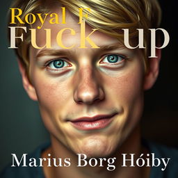 A close-up portrait of a young blonde man with captivating blue eyes and a friendly expression, showcasing his youthful features