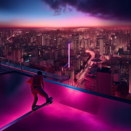 A skateboarder performing a gravity-defying trick high above a neon-lit cityscape, with a spectacular sunset and a futuristic vibe.