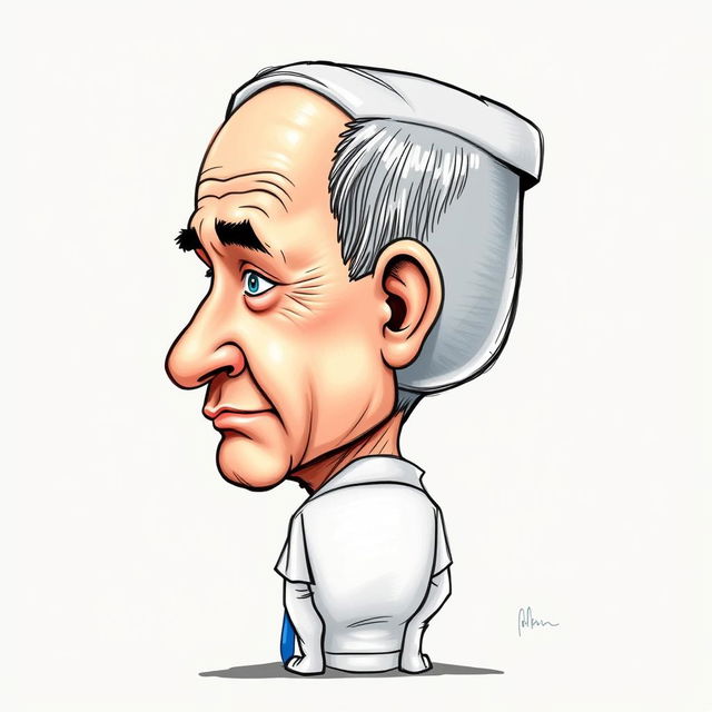 A caricature illustration of Benjamin Netanyahu with a head shaped like a toilet, showcasing humorous and exaggerated features