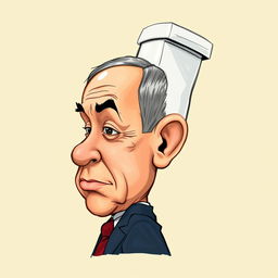 A caricature illustration of Benjamin Netanyahu with a head shaped like a toilet, showcasing humorous and exaggerated features