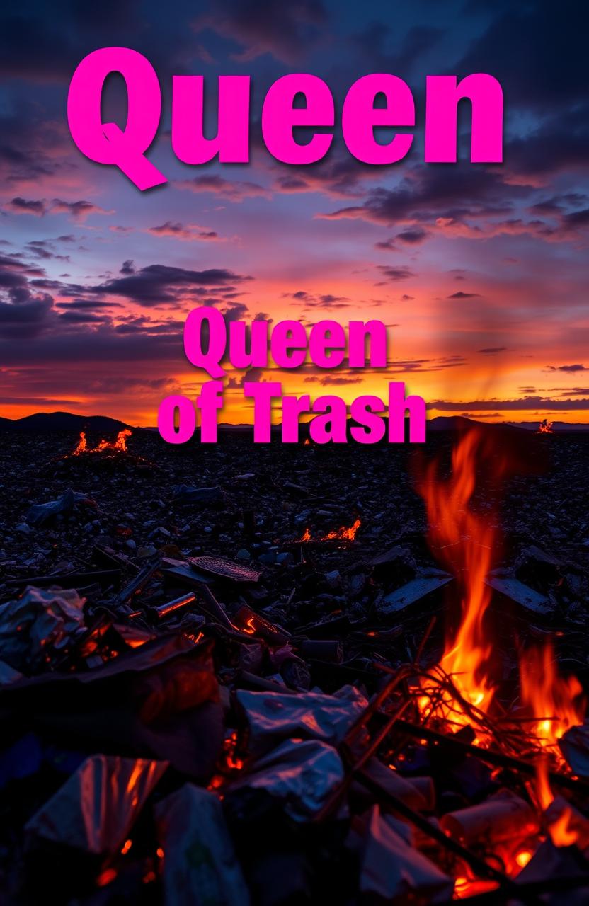 A vibrant and bold graphic titled 'Queen of Trash' in hot pink letters, set against the dramatic backdrop of a waste dump on fire during dusk