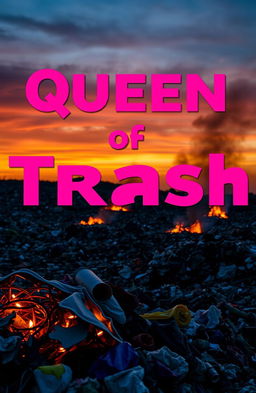 A vibrant and bold graphic titled 'Queen of Trash' in hot pink letters, set against the dramatic backdrop of a waste dump on fire during dusk