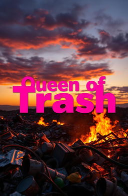 A vibrant and bold graphic titled 'Queen of Trash' in hot pink letters, set against the dramatic backdrop of a waste dump on fire during dusk