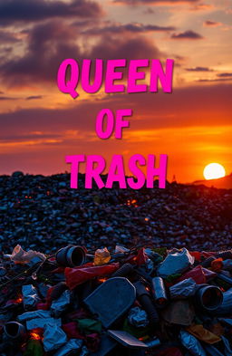 A vibrant and bold graphic titled 'Queen of Trash' in hot pink letters, set against the dramatic backdrop of a waste dump on fire during dusk