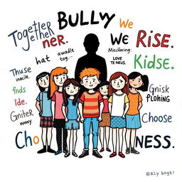An artistic poster about bullying, designed in a hand-drawn style that conveys emotion and awareness