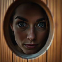 A close-up photograph of a woman gazing through a door's keyhole, her features illuminated with curiosity and intrigue