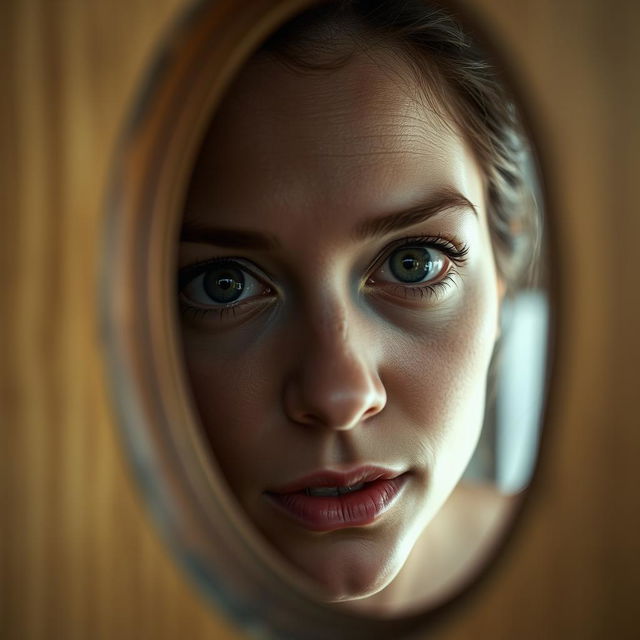 A close-up photograph of a woman gazing through a door's keyhole, her features illuminated with curiosity and intrigue