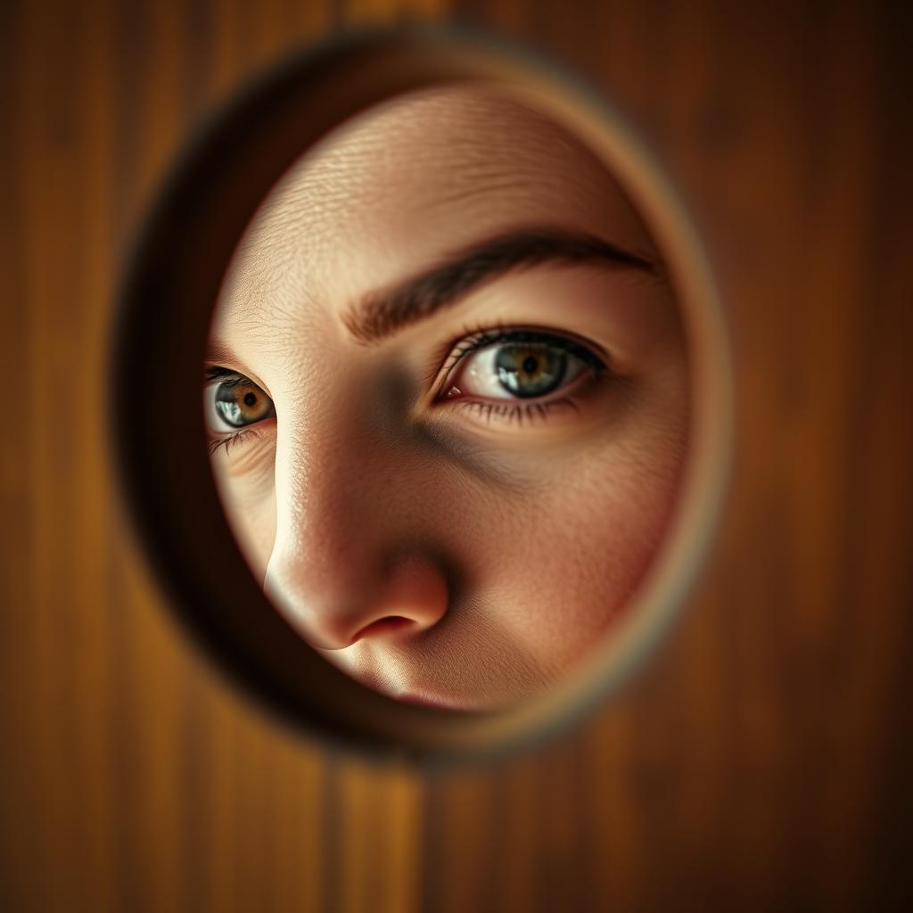 A close-up photograph of a woman gazing through a door's keyhole, her features illuminated with curiosity and intrigue