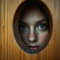 A close-up photograph of a woman gazing through a door's keyhole, her features illuminated with curiosity and intrigue