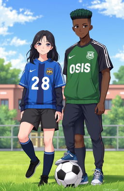 A school field background featuring a female student standing at 154 cm tall, wearing a green OSIS jacket