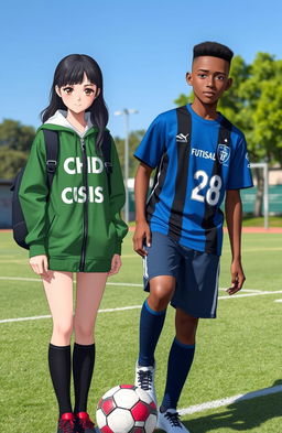A school field background featuring a female student standing at 154 cm tall, wearing a green OSIS jacket