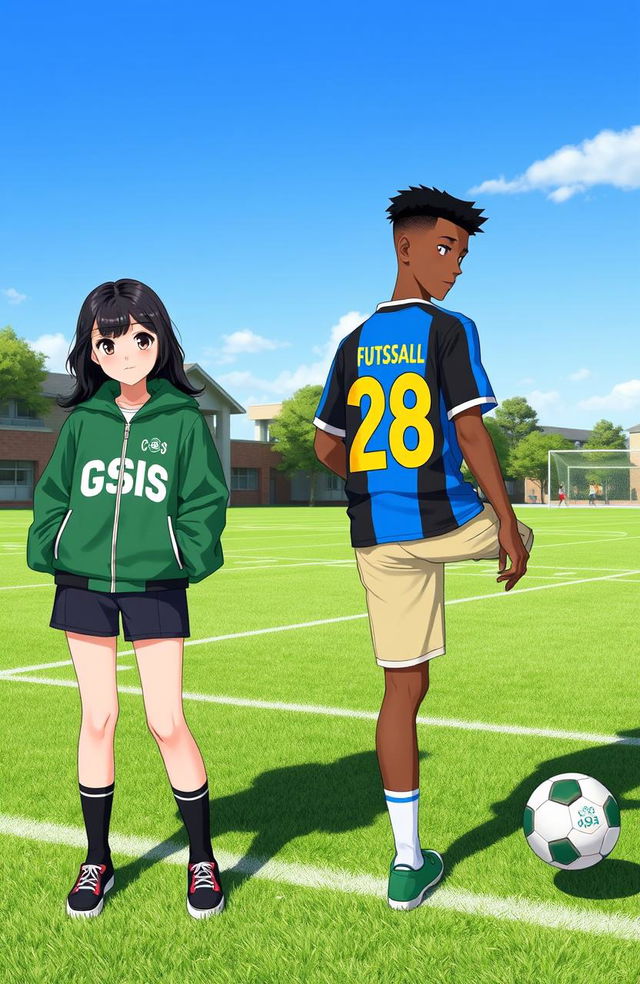 A school field background featuring a female student standing at 154 cm tall, wearing a green OSIS jacket