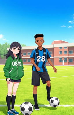 A school field background featuring a female student standing at 154 cm tall, wearing a green OSIS jacket